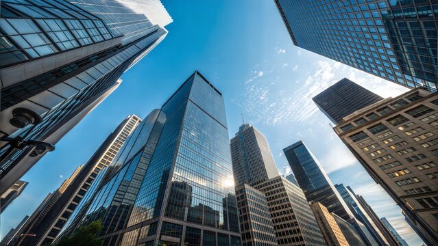 Modern Cityscape Skyscrapers, Architecture, Urban, Business, Glass, Steel, Sunlight, Buildings, Down - Powered by Adobe