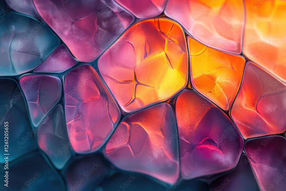 Poster abstract close-up of vibrant, multicolored, interconnected cells resembling a microscopic view of or