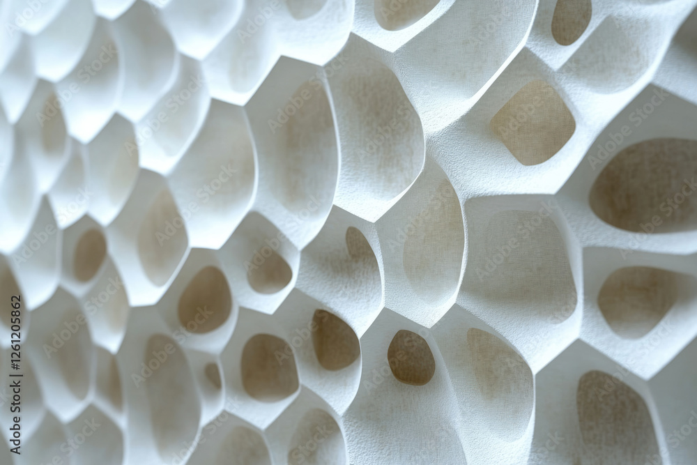 Poster Abstract white textured surface with irregular honeycomb-like pattern and holes.