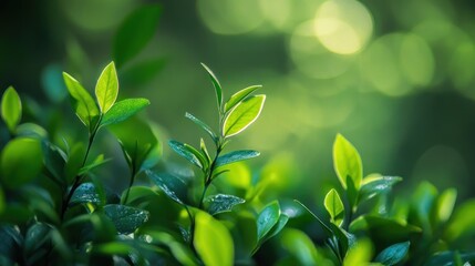 Obraz premium Lush green tea leaves sunrise forest background