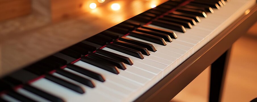 Soft piano keys being played gently in a dimly lit cozy room, peaceful moment