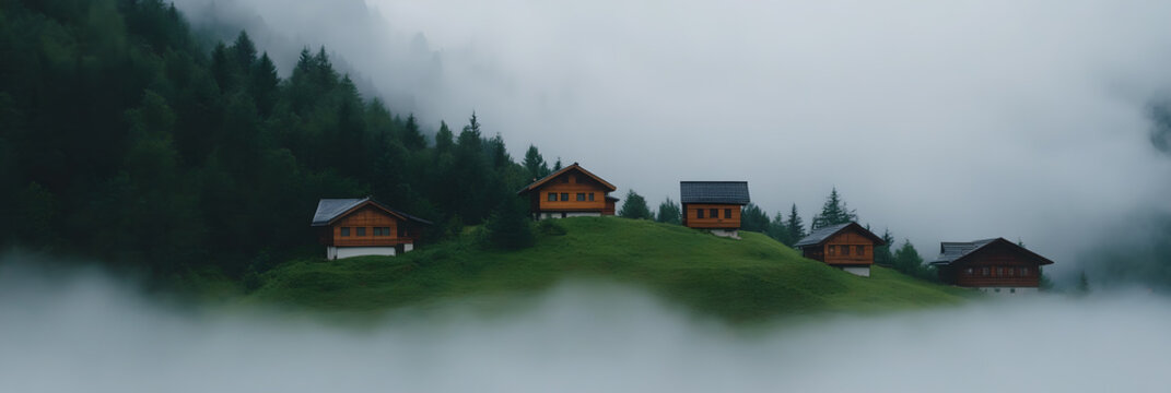 Alpine Cabins in Misty Landscape. Quaint wooden houses dot a grassy hillside, enveloped in ethereal mist, beneath a dense evergreen forest. - Powered by Adobe