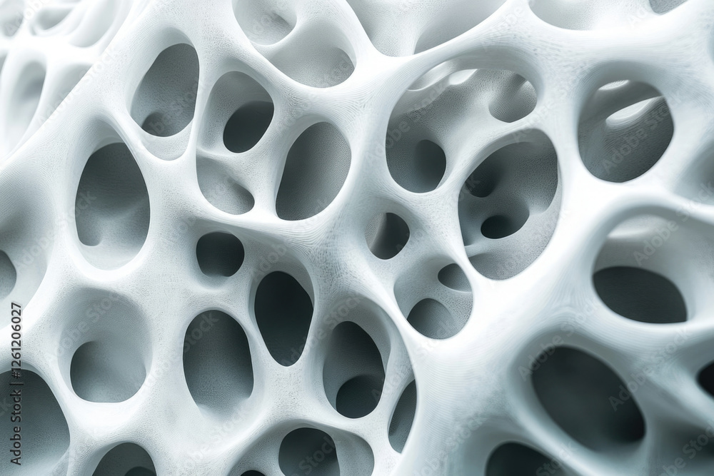 Poster Abstract 3D rendering of a porous, interconnected structure resembling a network of tunnels or a complex organic form.