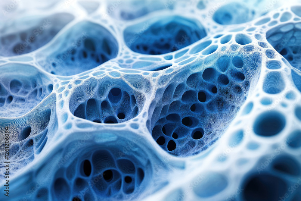 Poster abstract 3d rendering of a porous, sponge-like structure with intricate details in cool blue tones.