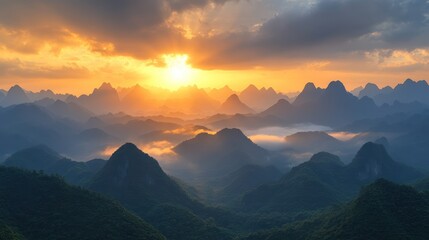 Fototapeta premium Sunrise over misty karst mountains, China, travel poster