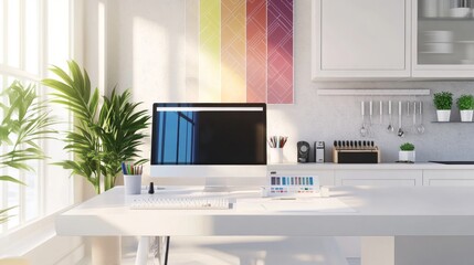 Obraz premium Architect designer concept, white work desk with computer, paper draft, kitchen project images and blueprint. Sample color material palette, creative background idea with copy space, 3d illustration