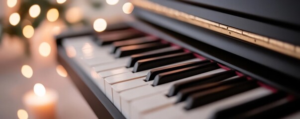 Soft piano keys being played in a candle-lit room, peaceful atmosphere