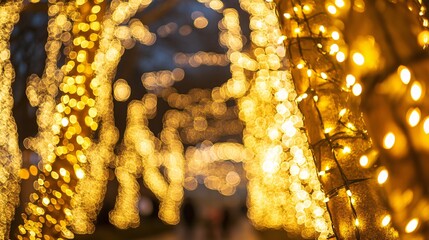 Golden Bokeh Lights Festive String Lights Sparkling Illumination Nighttime Warm Yellow Glowing Holiday Decor Abstract Background Blurred Twinkling    
