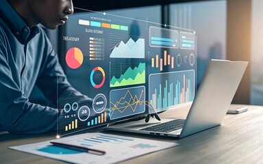 Businessman Analyzing Data Charts Graphs on Laptop Screen