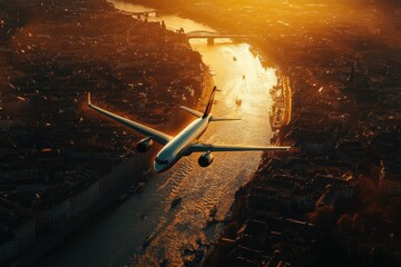A commercial airplane soars above the shimmering river, casting shadows on the lively cityscape during sunset, showcasing modern urban life