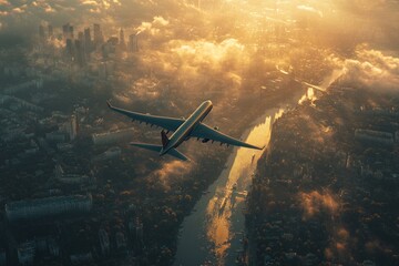 Naklejka premium Airplane soars above a vibrant city landscape at sunset, surrounded by clouds and a winding river reflecting golden light