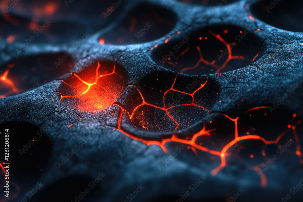 Poster glowing lava flows through cracked, dark volcanic rock, creating a mesmerizing texture.