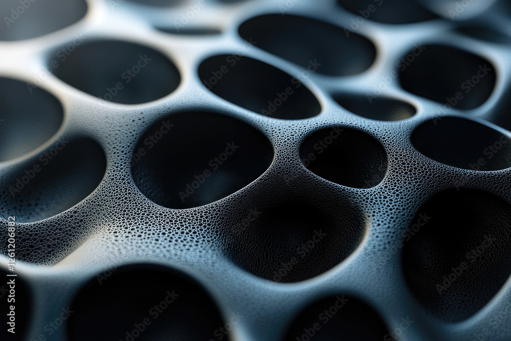 Poster Abstract 3D render of a textured surface with interconnected cavities, resembling a porous material or cellular structure.
