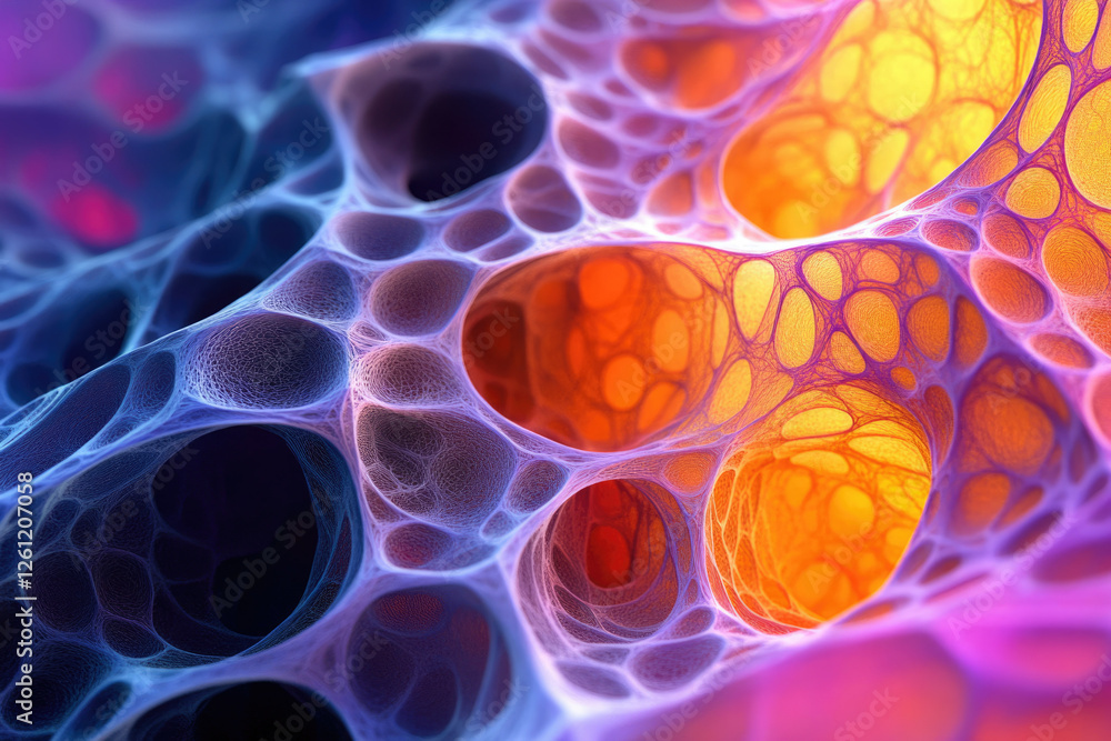 Poster abstract image depicting a vibrant, intricate network of interconnected cells or structures, resembl