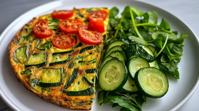 Fresh vegetable frittata served with sliced cucumbers and green salad on a white plate