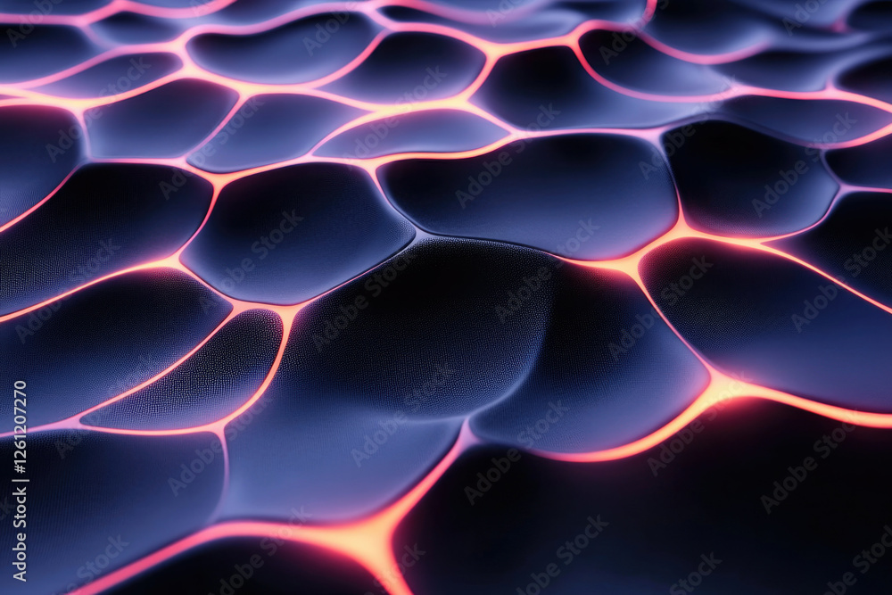 Poster Abstract 3D rendering of a dark, textured surface with glowing neon orange lines forming a network pattern.