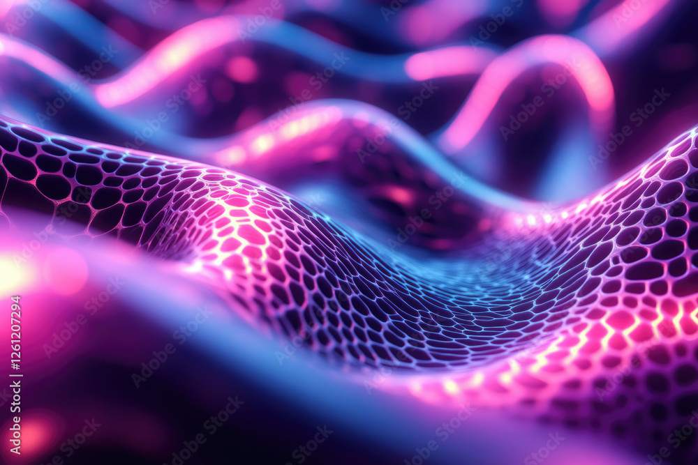 Poster Abstract 3D render of a pink and blue glowing honeycomb-like wave pattern.