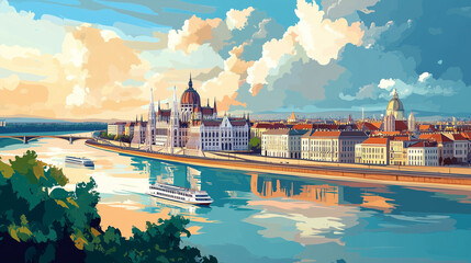 Obraz premium Illustration, Cityscape of Budapest the capital city in Hongary, italy , touristic advertisement poster. Beautiful eastern europe, view on house of famous parliament building. Must-see tourist spot