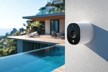 Smart home security camera is installed on a wall beside a serene swimming pool, ensuring safety for the outdoor area during daytime