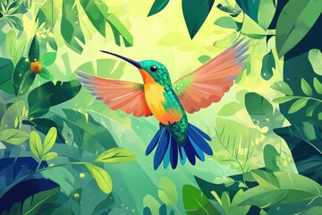 Fototapeta premium Awe-Inspiring Hummingbird in Flight Against the Majestic Iguazu Falls - Vibrant Colors of Nature with Stunning Blue Background