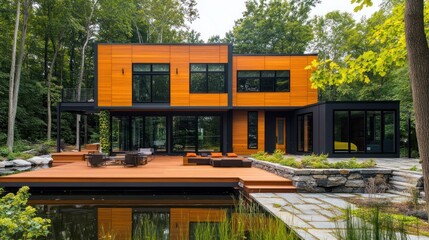 Modern modular home exterior on a pond, surrounded by trees and landscaping