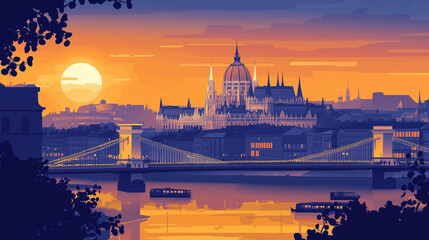 Naklejka premium Illustration, Cityscape of Budapest the capital city in Hongary, italy , touristic advertisement poster. Beautiful eastern europe, view on house of famous parliament building. Must-see tourist spot