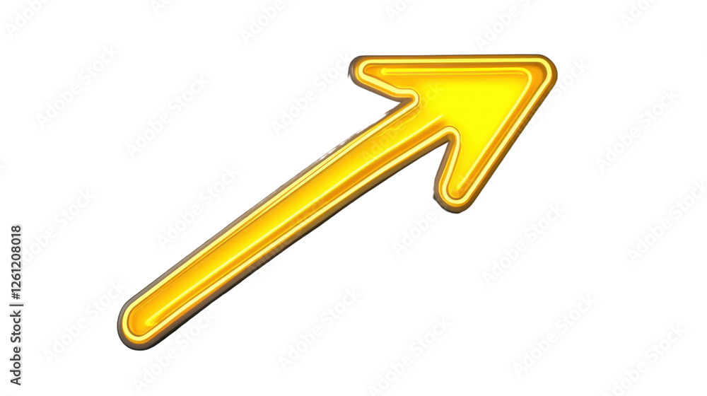 Poster diagonal upward pointing gold neon arrow on transparent background
