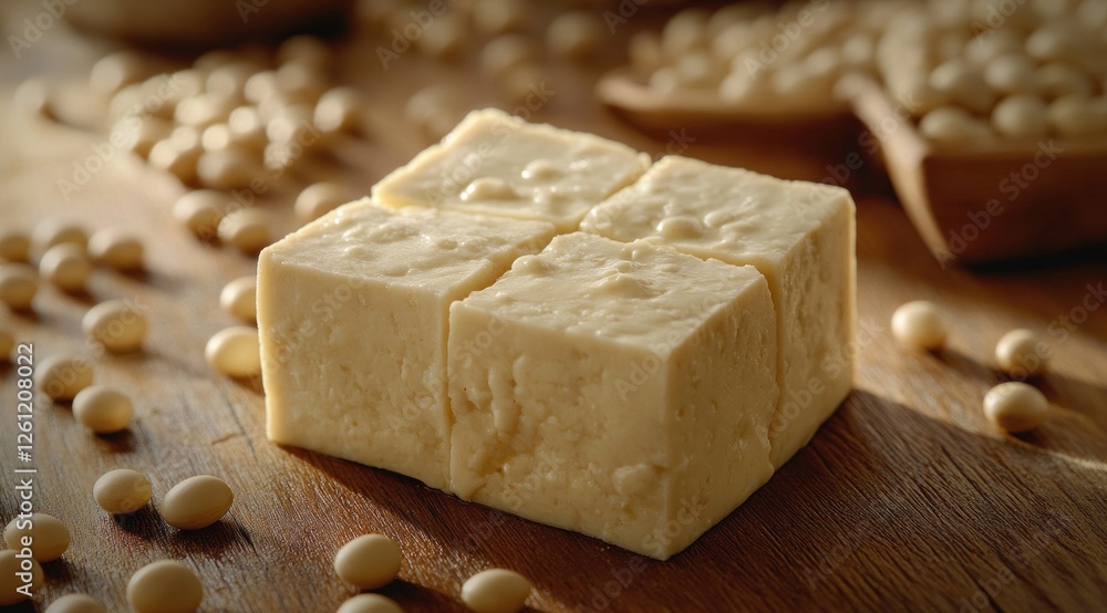 Poster cubes of tofu and scattered beans arranged on a wooden table create a warm and inviting culinary atm