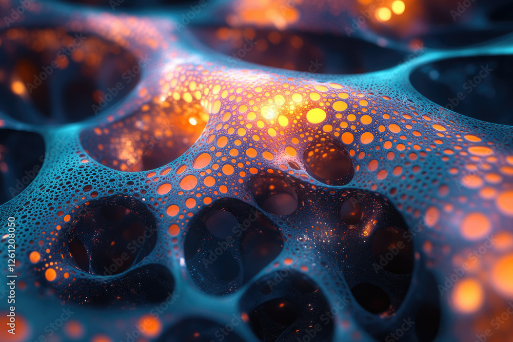 Poster abstract 3d rendering of a complex, porous structure with glowing orange and teal hues.