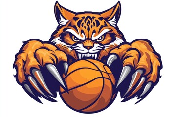 Obraz premium Dynamic Bobcats Mascot Design featuring Bold Script and Claw Gripping a Basketball for School, College or League Spirit