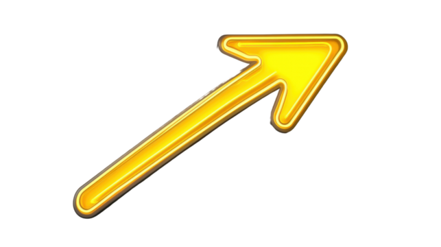Diagonal upward pointing gold neon arrow on transparent background