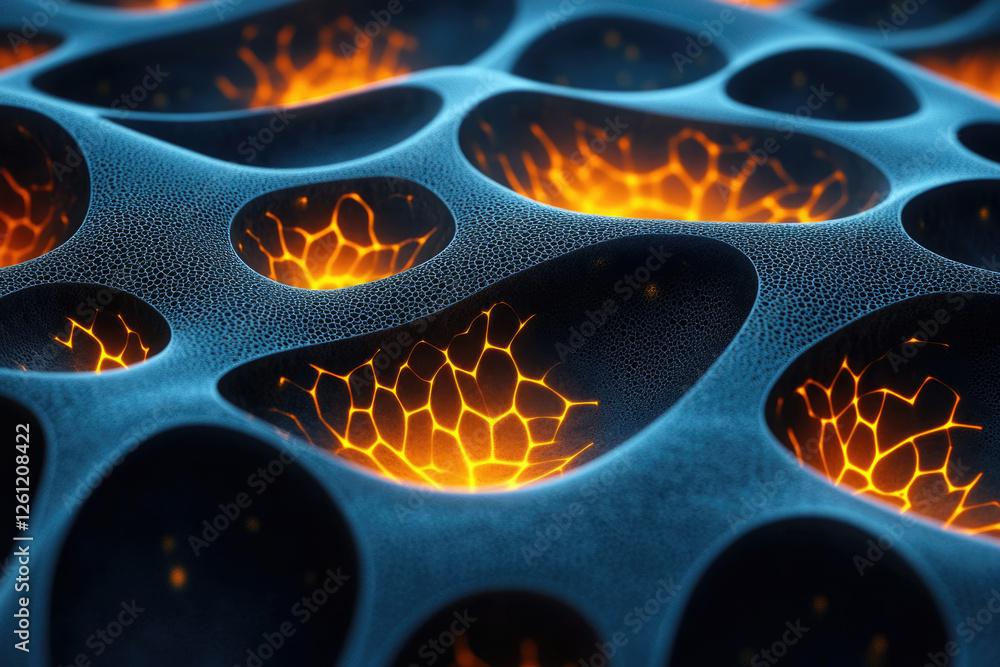 Poster abstract 3d render of a dark blue textured surface with glowing orange lava-like cavities.