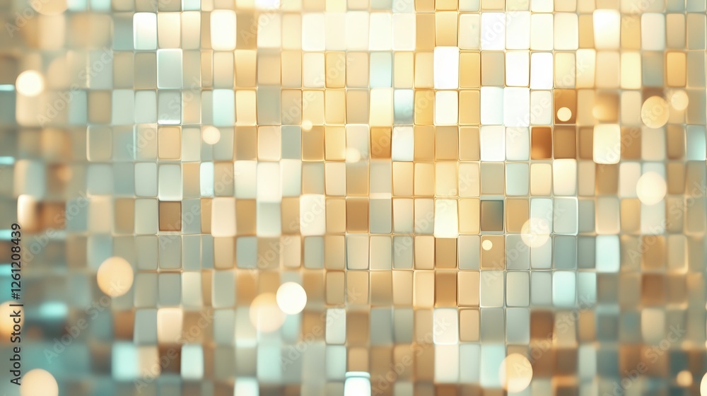 Poster golden, turquoise mosaic tiles creating intricate pattern with soft bokeh, displaying elegant decora