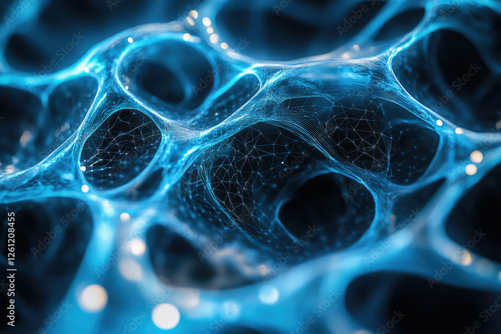 Poster Abstract blue network, glowing nodes and connections forming a complex structure.