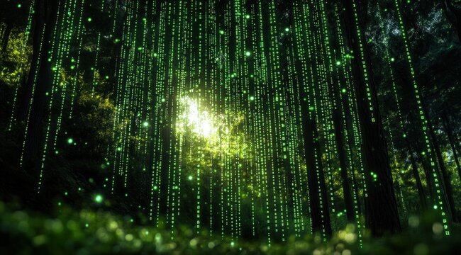 Green binary code creates a captivating digital matrix in a dark forest, with light streaming through the trees, enhancing the mystical atmosphere