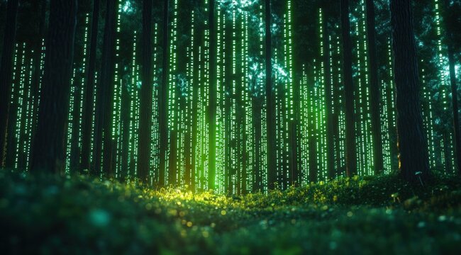 Bright green binary code illuminates tall trees in a forest, creating a surreal atmosphere during twilight hours