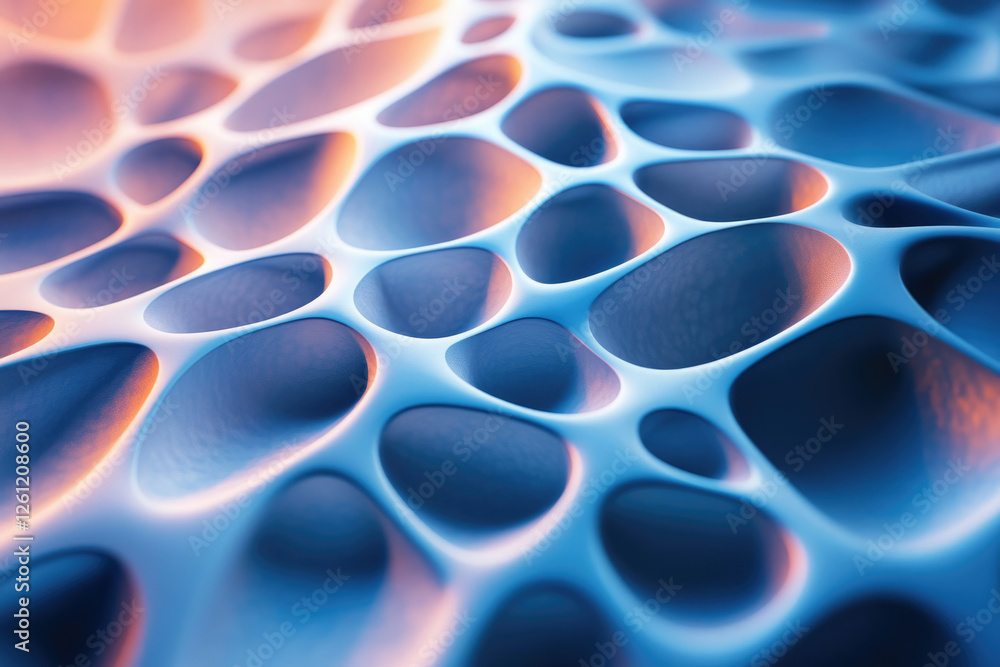 Poster abstract 3d render of a blue and orange porous surface with interconnected cavities.