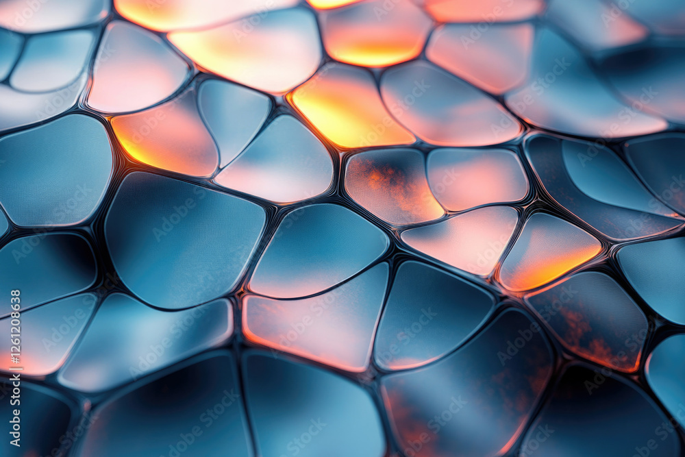 Poster Abstract image of a wavy, textured surface with blue and orange hues, resembling a network of interconnected cells or polygons.