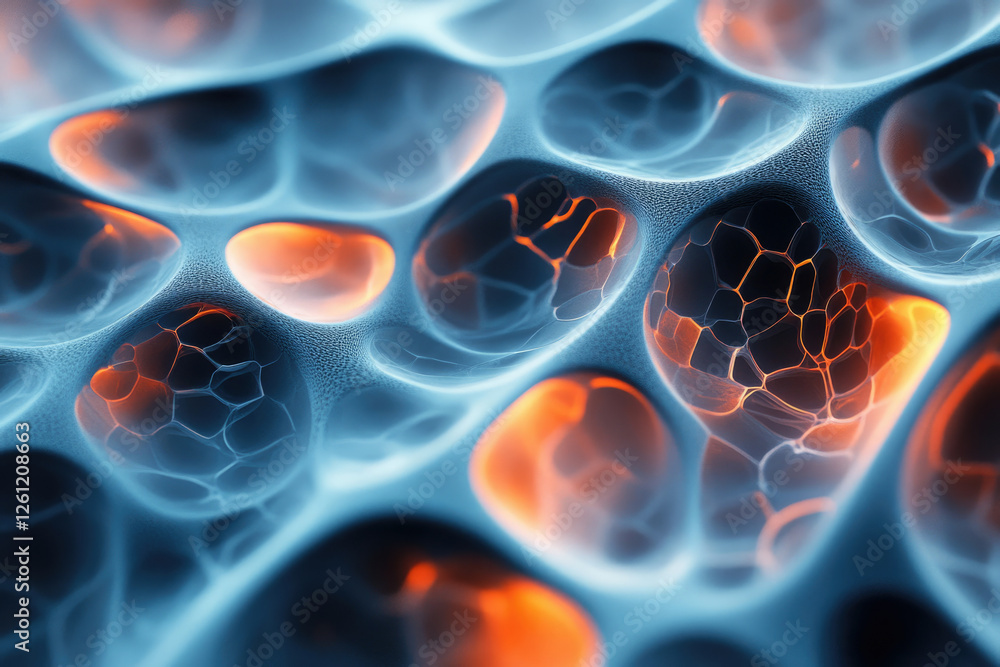 Poster Abstract 3D render of a complex, interconnected network with glowing orange and blue hues.