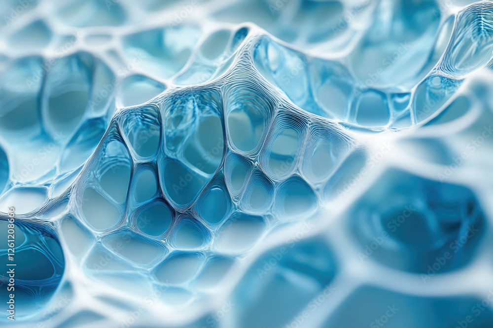 Poster Abstract 3D rendering of a blue, interconnected, organic network structure resembling a cellular or spongy material.