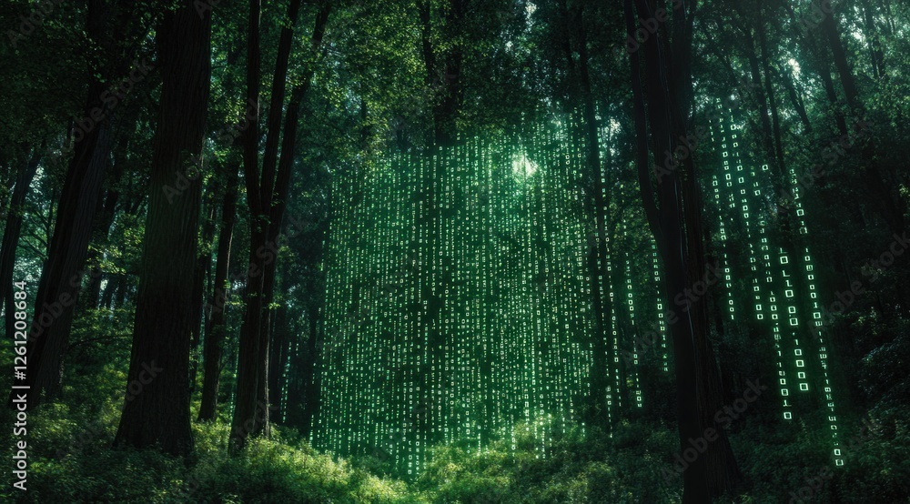 Poster green digital code cascades amidst tall trees in a peaceful forest setting, creating a surreal contr
