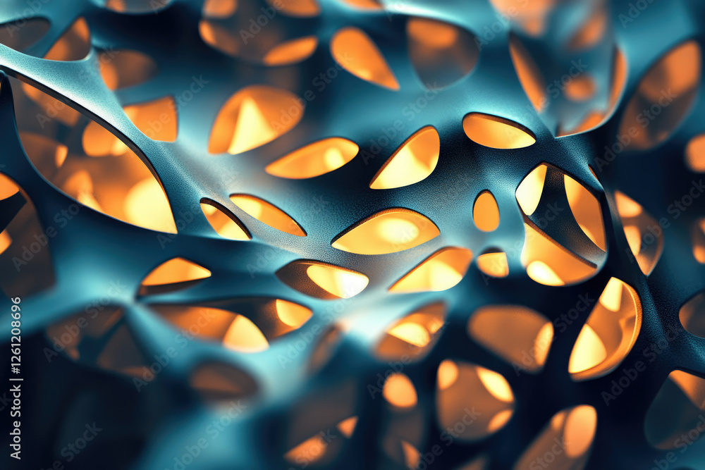 Poster abstract 3d rendering of a dark teal, organic, porous structure with warm inner glow.