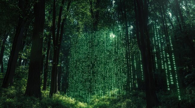 Green digital code cascades amidst tall trees in a peaceful forest setting, creating a surreal contrast with nature in daylight