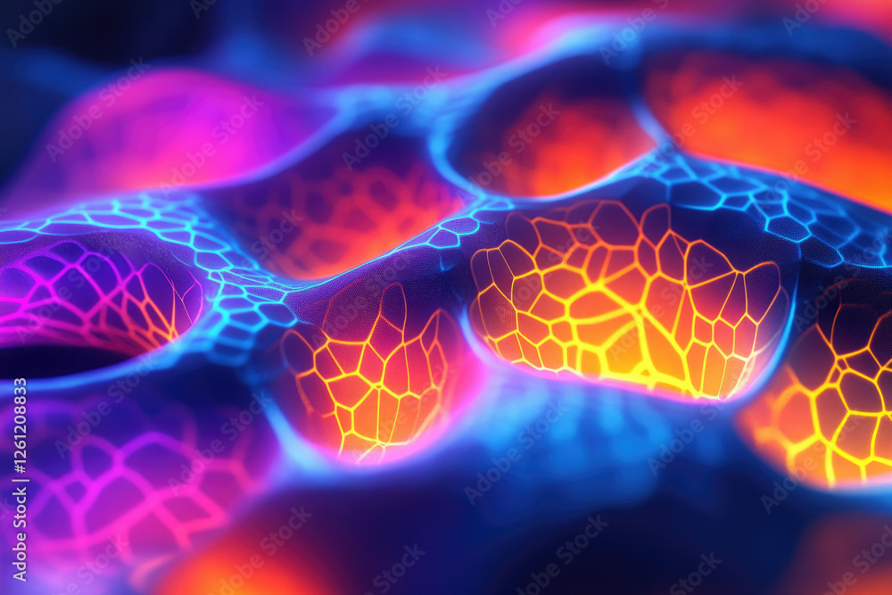 Poster Abstract vibrant neon glowing surface with a network of lines and cavities.