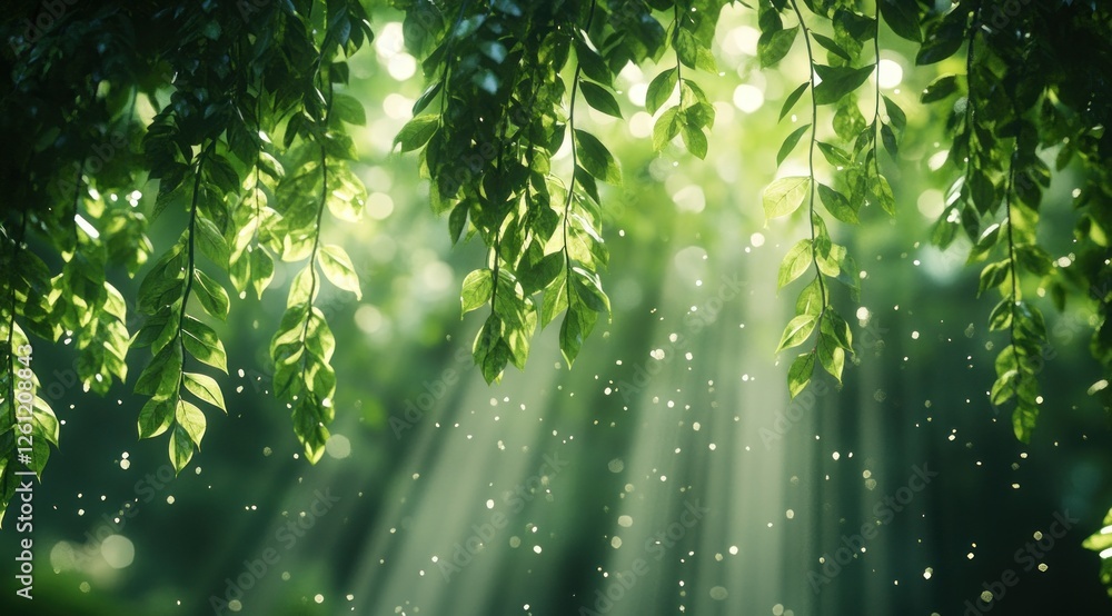 Poster leaves of vibrant green dangle from branches as sunlight filters through, creating a serene atmosphe