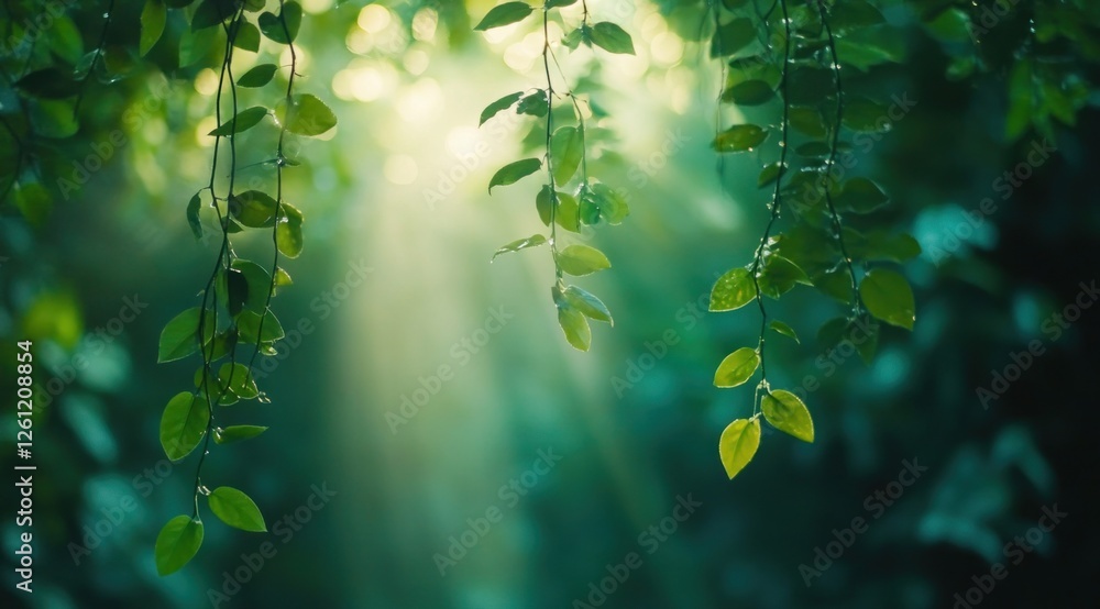 Poster sunlight filters through lush green leaves, illuminating the forest floor and creating a tranquil an