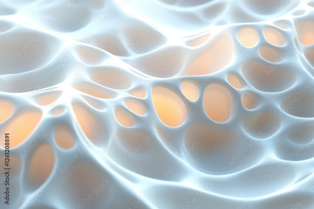 Poster abstract 3d rendering of a porous, undulating surface with soft, glowing light.