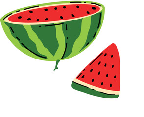 Ripe red watermelon, whole and sliced. Pictures on a plain white background are a useful fruit. A doodle-style sticker