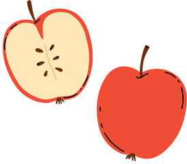 Juicy red apple, whole and sliced. Pictures on a plain white background are a useful fruit. A doodle-style sticker