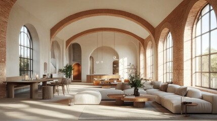 Sunlit Modern Living Room, Brick Arches, Luxury Home Interior Design